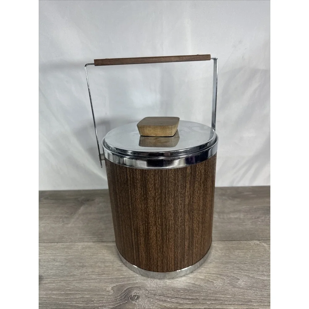 Vintage MCM 1960s Kromex Ice Bucket Faux Wood Grain and Chrome